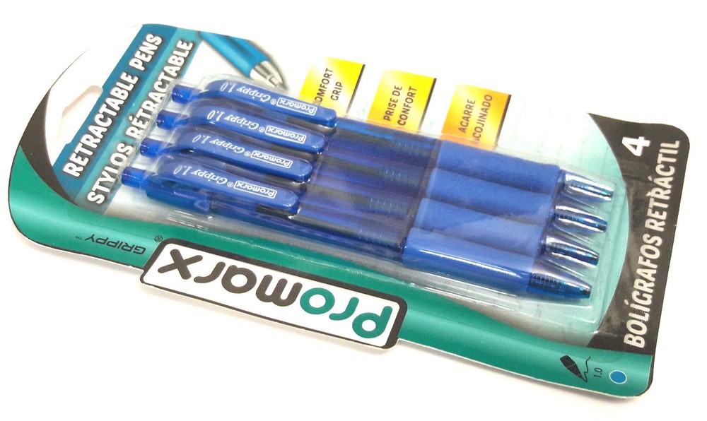 1 PACK 4 PENS Promarx® Grippy™ COMFORT GRIP RETRACTABLE BALL POINT BLUE INK 1.0