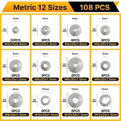 108Pcs 304 Stainless Steel Flat Washers, Fender Washers Assortment Kit 12 Sizes