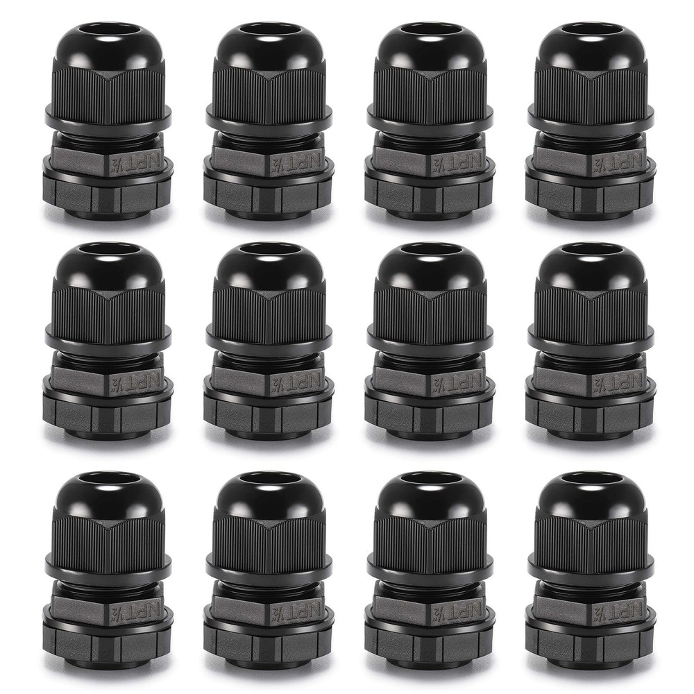 Cable Gland Waterproof IP68 Nylon Cord Grip 1/2 NPT Connector Black 12 Pk