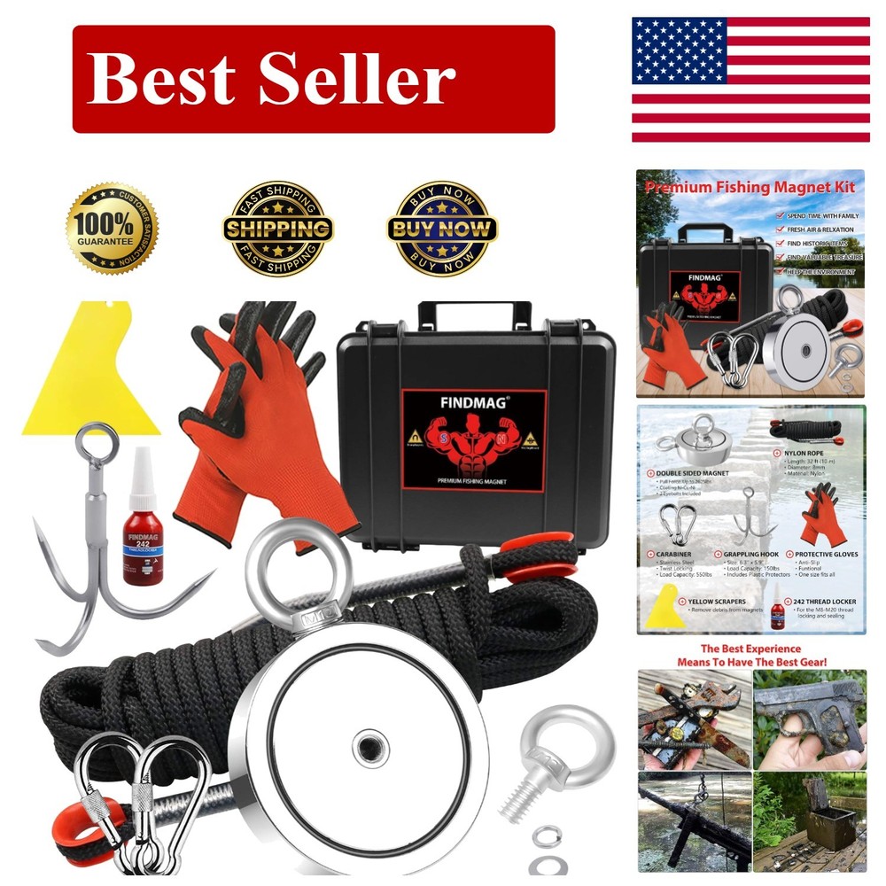 2625 lbs Double Sided Magnet Fishing Kit with Rope 4.57 Inch