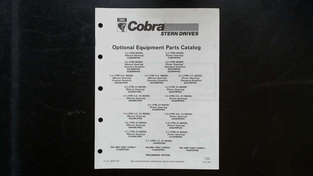 OMC Cobra Stern Drives Optional Equipment Parts Catalog 986550 1989