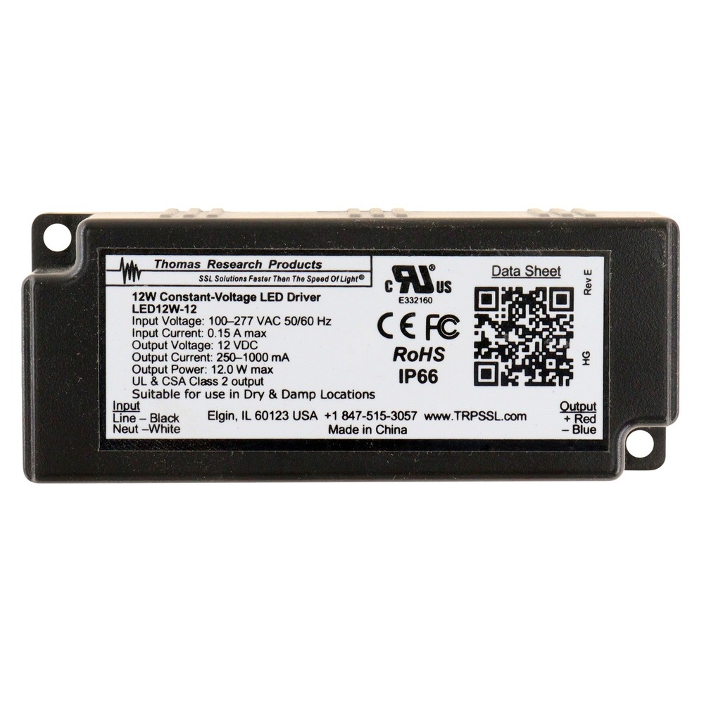 THOMAS RESEARCH LED12W-12 CONSTANT VOLTAGE LED DRIVER, 12V, 12W, 1A, 120/277V