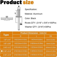 130pcs 3/16″ x 5/8″ Black Aluminum Pop Rivets with Stainless Steel Washers 4….