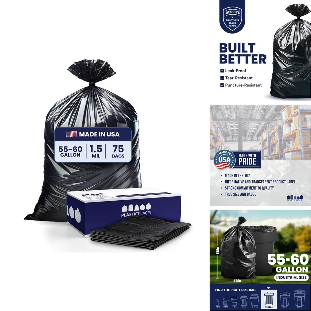 Plasticplace 55 Gallon Trash 1.5 Mil Garbage 38 X 58 75Count T55157Bk