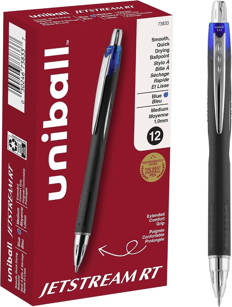 uniball Jetstream RT Retractable Ballpoint Pen, Medium Point (1.0mm), Blue, 12