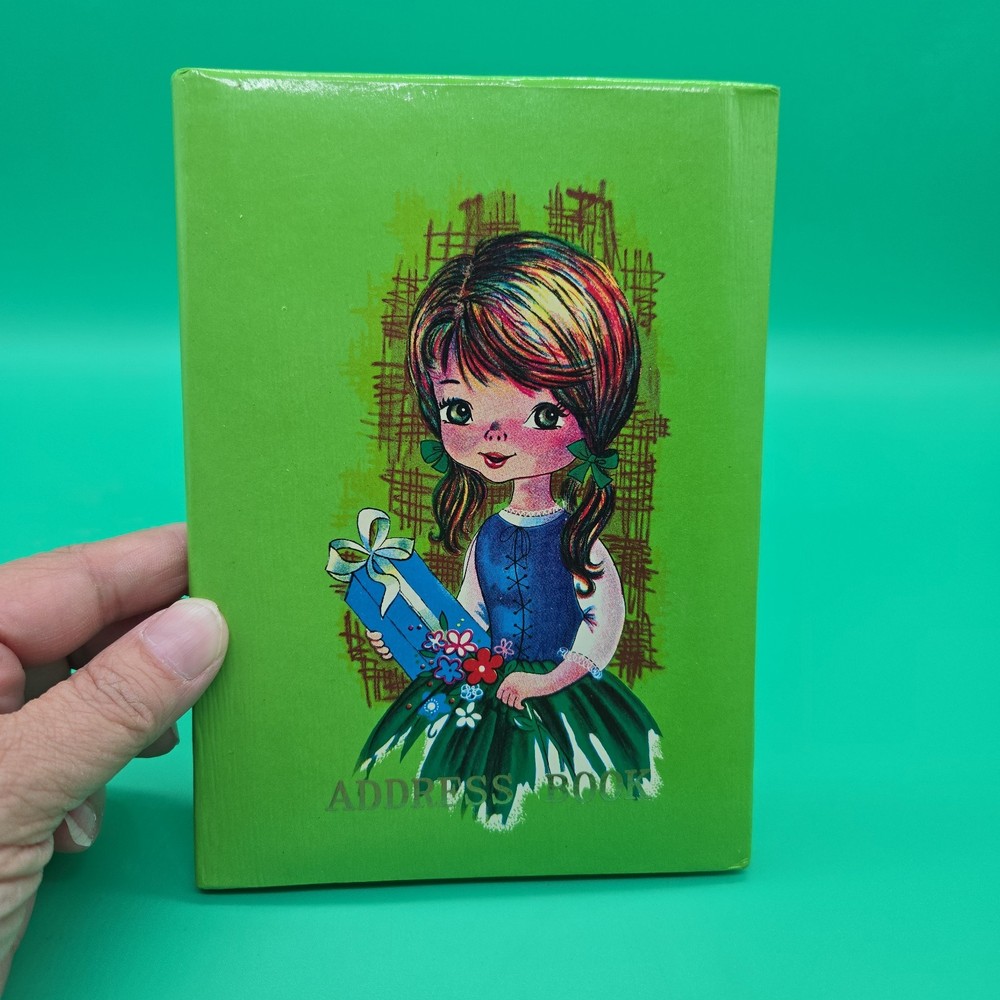 Vintage Address Book 1960 1970s Padded Cover Girl with Present Made in Japan