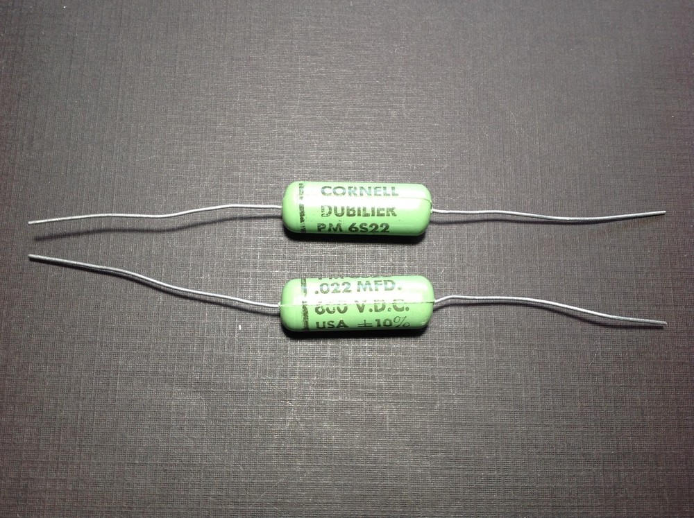 2 pcs Cornell Dubilier Greenie capacitor 600 VDC .022 MFD PM6S22 NOS