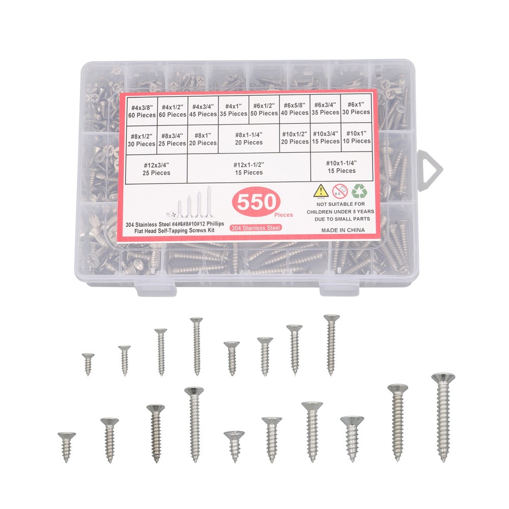 550Piece 304 Stainless Steel Wood Screws Assortment Kit Phillips Flat Head Sheet