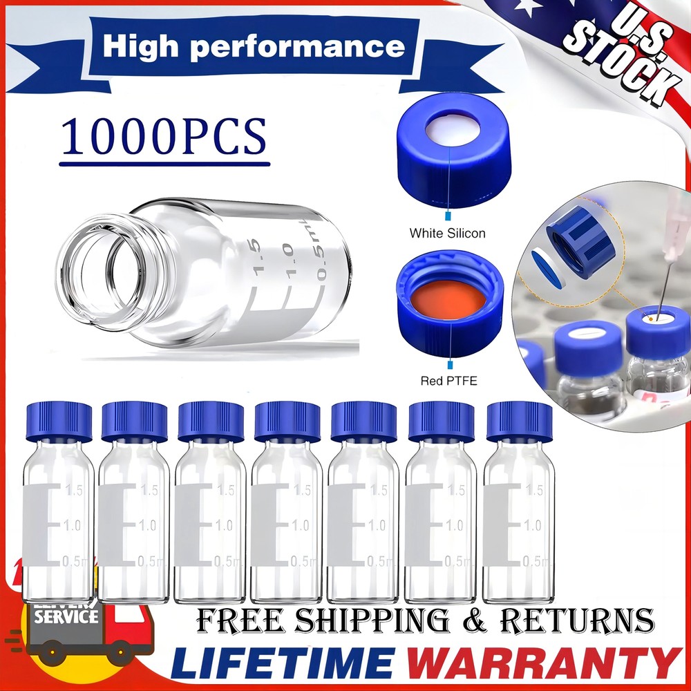 2ml Autosampler Vials + Pre-Slit Caps 9-425 Glass Bottle Screw Top HPLC GC 1000x