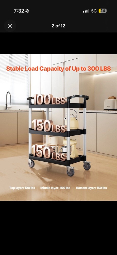 VEVOR Heavy Duty Utility Cart 300 lbs Capacity 3-tier Service Cart with Wheels