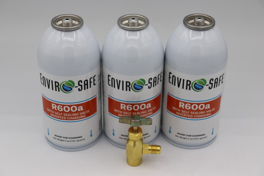Enviro-Safe R-600a Refrigerant with 7/16″ Self Sealing K28 6 oz , 3 cans/tap