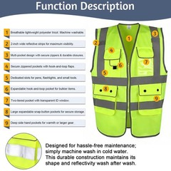 Class 2 High Visibility Safety Vest with Zipper Front 9 Pockets & Reflective L