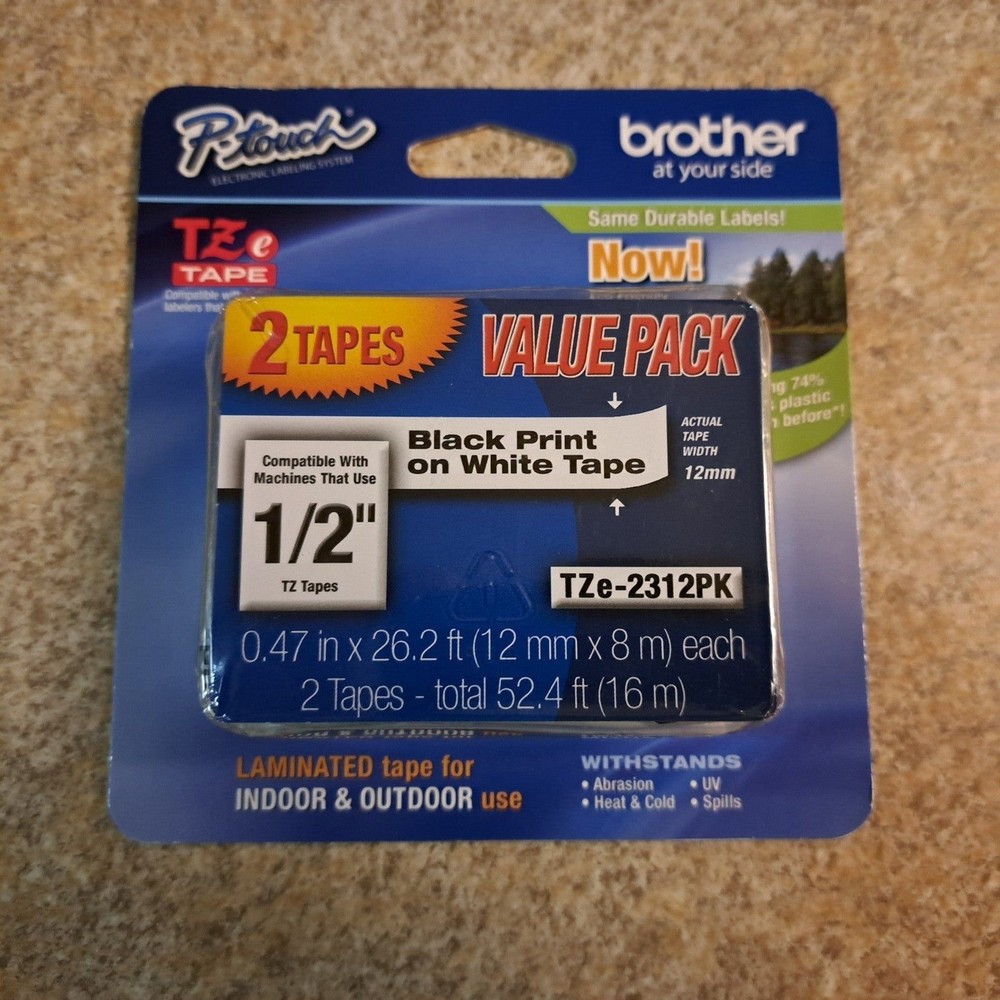 Brother TZE2312PK 12mm Black on White Tape – 2 Pack