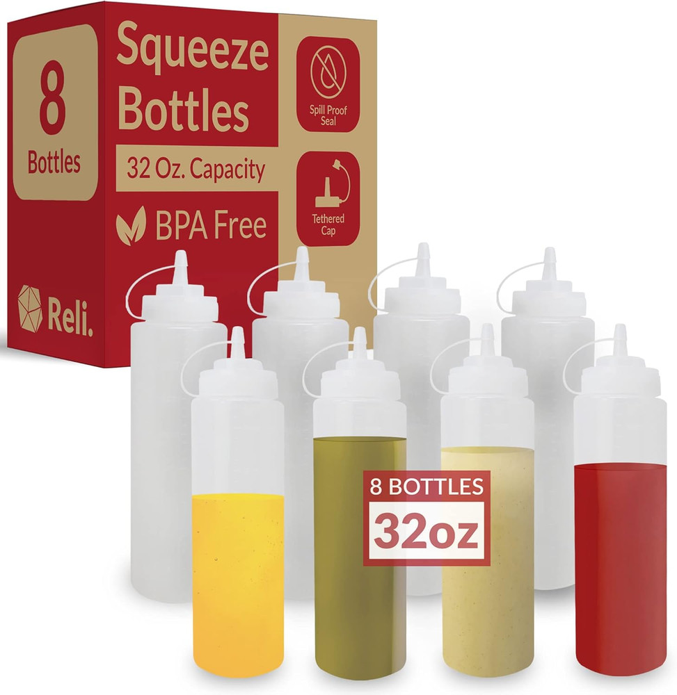 Plastic Squeeze Bottles, 32 oz. | 8 Pack | Condiment Squeeze Bottles for Sauces