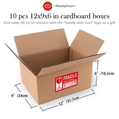 Corrugated cardboard shipping box 12x9x6 inches (10 pieces + 20 fragile labels)