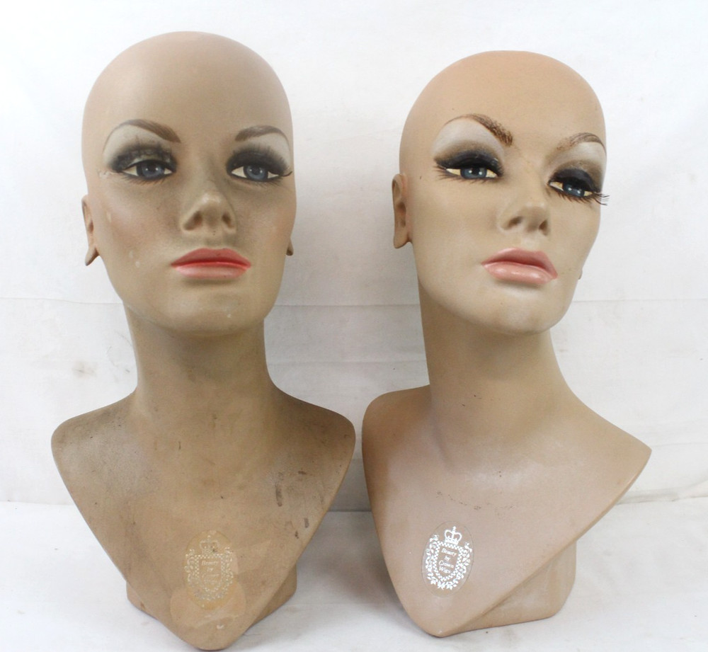 2 Vintage Fiberglass Mannequin Head Wig Painted Eyes Halloween Bust White