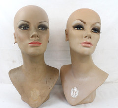 2 Vintage Fiberglass Mannequin Head Wig Painted Eyes Halloween Bust White