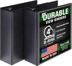 Durable 4 Inch 3 Ring Binder, D Ring Binder, 100% Recycled Chipboard, Black, 2 P