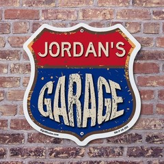 Jordan’s Garage Shield Shaped Sign Weather Resistant Crafted in the USA