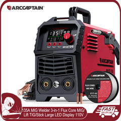 ARCCAPTAIN MIG Welder 135A 3-in-1 Flux Core Gasless MIG/Lift TIG/Stick LED 110V