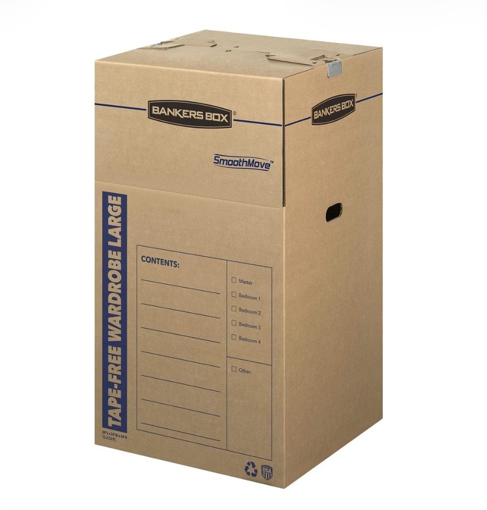 Bankers Box Tall Wardrobe Box 24x24x40 Inches Tape-Free Moving Storage x3