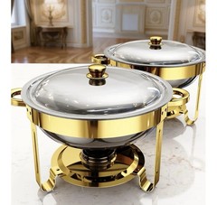 Round Stainless Steel Chafing Dish with Brass Accent Lift-Off Lid