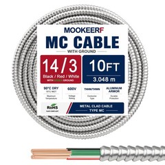 10FT 14/3 MC Cable with Ground – Pure Copper 14AWG Metal Clad Wire, 3 Conductor