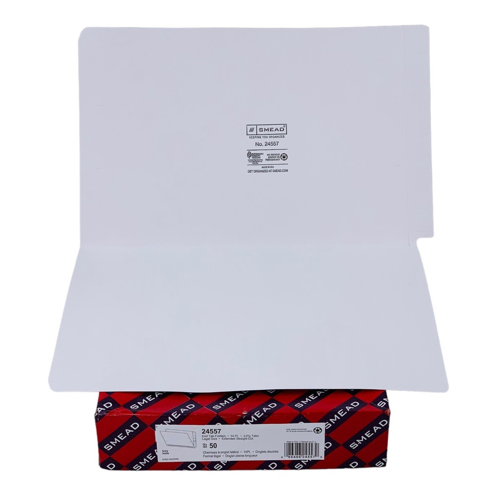 Smead White File Folders Legal Size End Tab w/ Extended Straight Cut Tab 50/Box