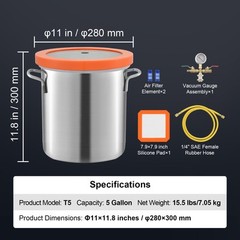 VEVOR Vacuum Chamber Tempered Glass Lid Vacuum 5 Gal Degassing Chamber Silicone