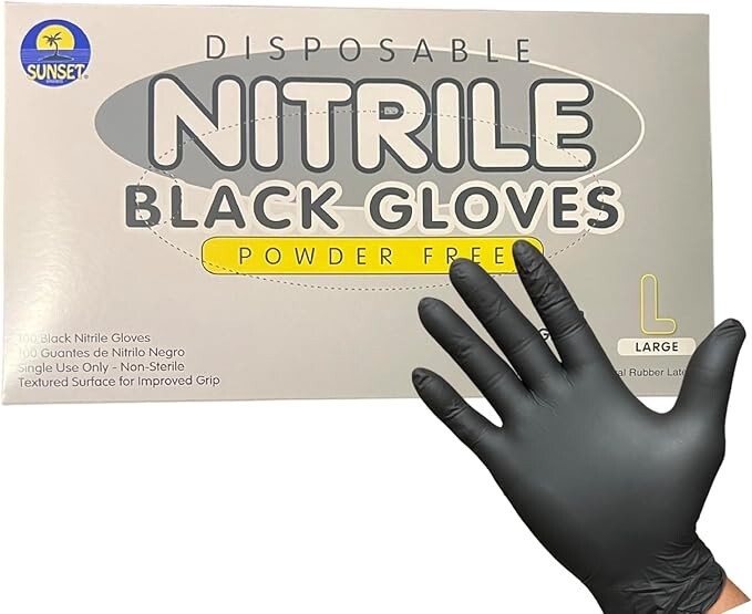 SUNSET DISPOSABLE NITRILE BLACK GLOVES 2 BOXES OF 100 EXAM GRADE POWDER FREE “L”