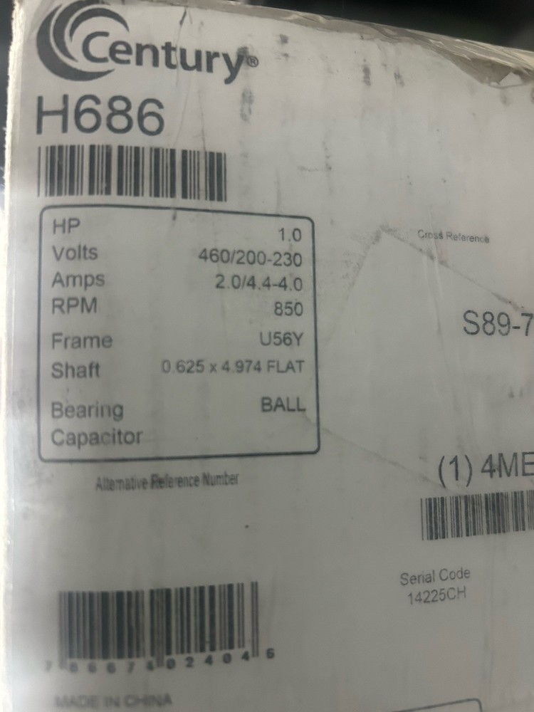 CENTURY H686 Condenser Fan Motor,1 HP,850 rpm,60 Hz 4ME24