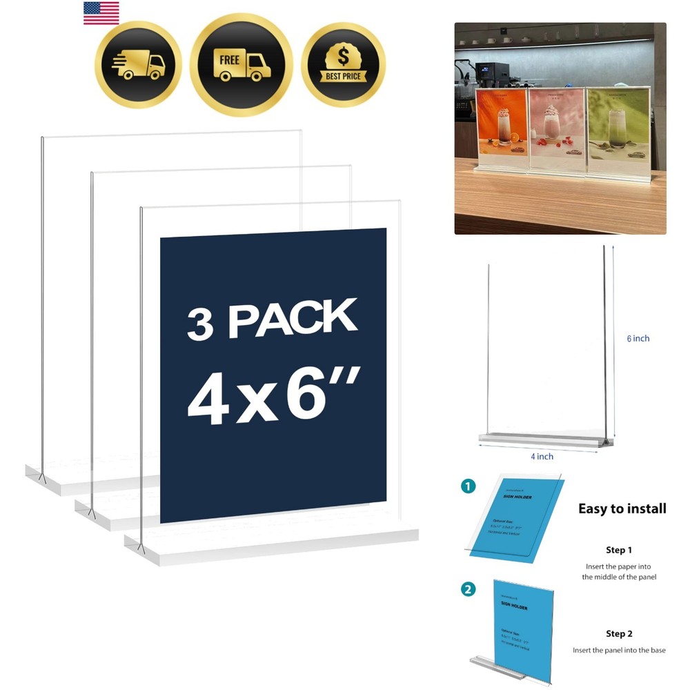 4×6 Inch Clear Acrylic Sign Holder, Display Stand, Plastic Card Holder for Bu…