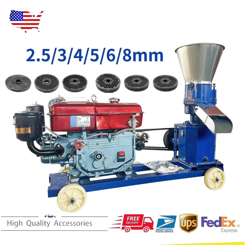 New 3-Roller 2.5/3/4/5/6/8mm w/8HP Diesel Engine Animal Feed Pellet Mill Machine