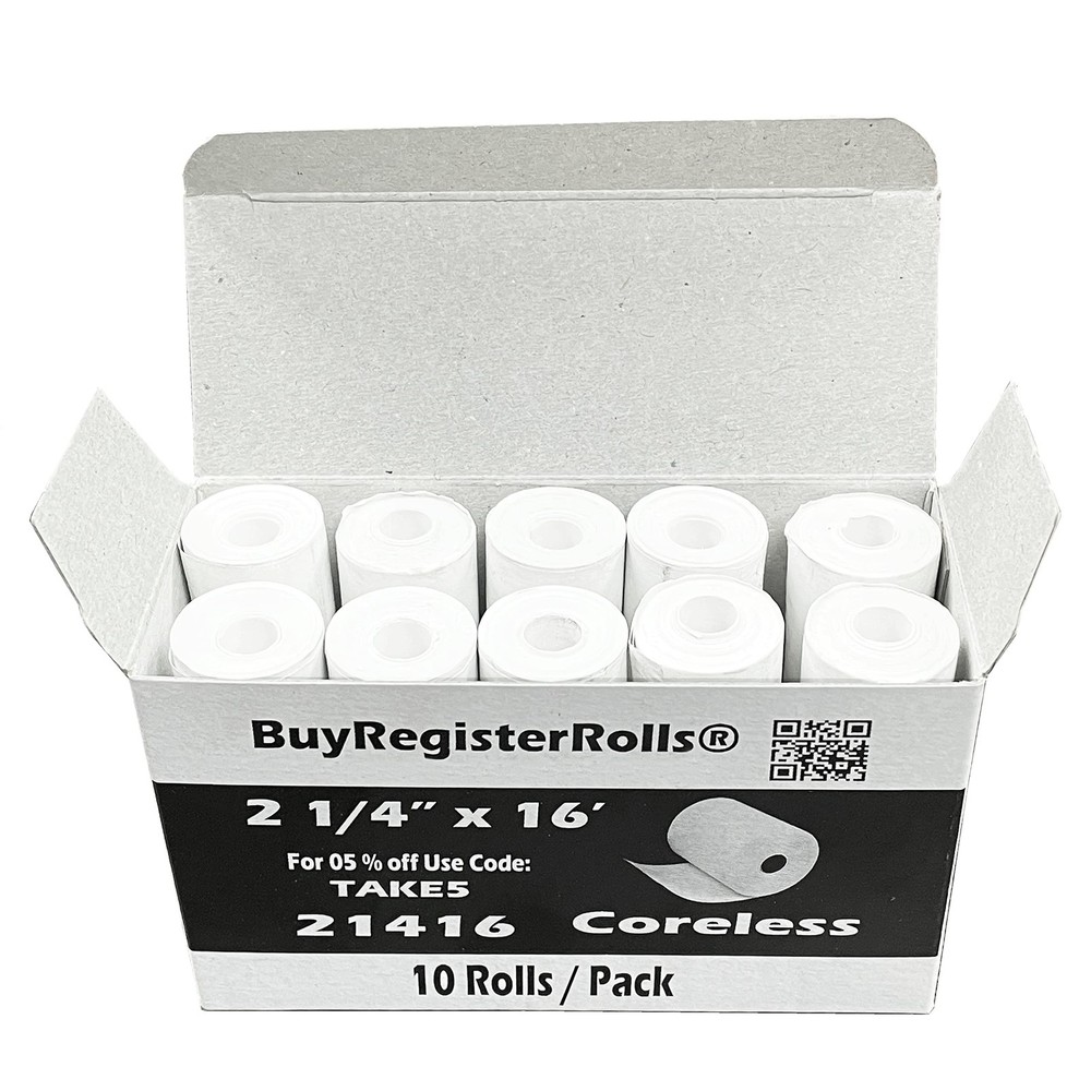 (10 Rolls) 2 1/4 x 16 Thermal Paper Rolls Coreless 2.25 (57mm) x 16 ft 1 Ply …