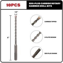 10-Pack 1/4 Inch x 6 Inch SDS Plus Rotary Hammer Drill Bits, Carbide Tipped f…