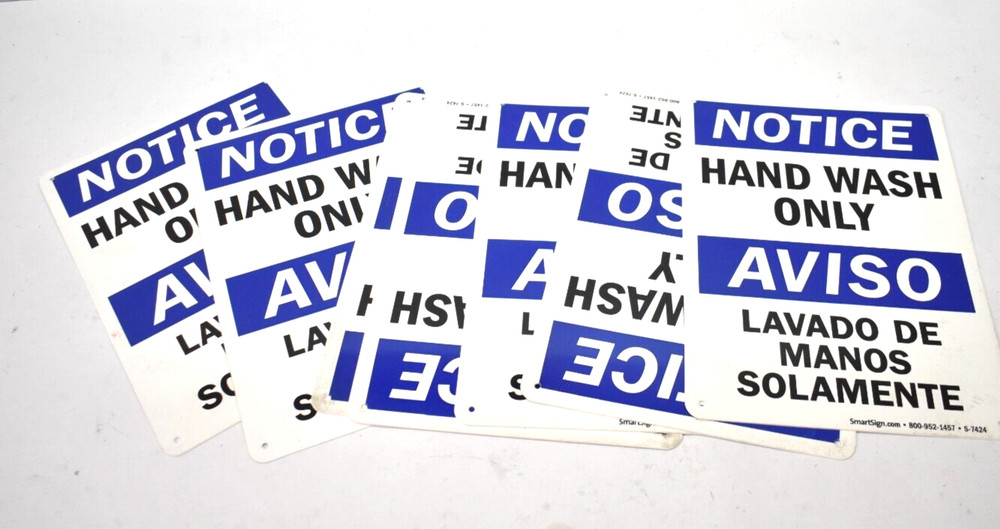 Lot of 7 SmartSign Plastic Hand Wash ONly Signs Bilingual 14″ x 10″ Blue/White