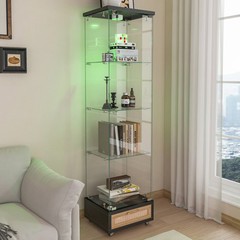 Tempered Glass Antique Curio Display Cabinet with Drawer RGB LED Light 4 Shelves