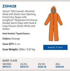 NEW Kappler Zytron Z500 Coverall w/ Hood & Elastic Wrists & Ankles LG/XL Z5H428