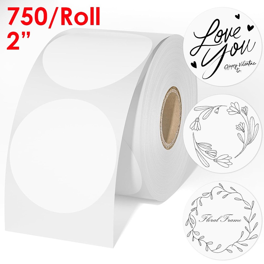 750/Roll 2” Round Thermal Label Blank Stickers Self-Adhesive Name Tag Barcode