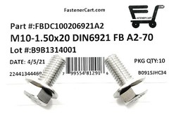 (10) M10 x 1.50 x 20 Stainless Steel DIN6921 A2 Hex Flange Bolts M10x20mm Flange