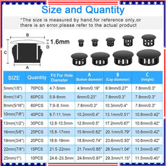 200Pcs 9 Sizes Nylon Plastic Hole Plugs Black Round Drill Hole, Flush Type Panel