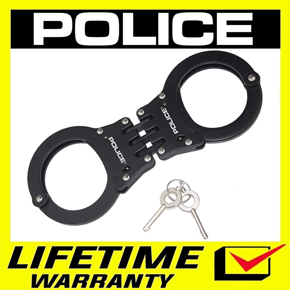 POLICE Handcuffs Professional Double Lock Heavy Duty Metal Steel Hinged Black