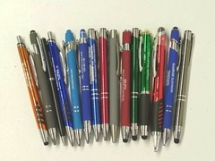 15ct Mixed Lot Retractable Metal Pens: Misprints/ Overstock/ Blank/ Stylus/ Grip