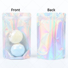 Assorted Size Clear Front Holographic Silver Mylar Stand Up Zip Lock Pouch Bag S