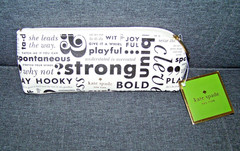 Kate Spade WORD Pencil Pouch Cosmetic Case Travel Bag Faux Leather w Accessories
