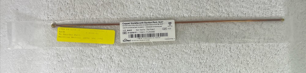 1 ea. New- SunMed Copper Stylette Stylet w/ Suction Port, 16.5″- 22 Available