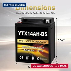 YTX14AH-BS 12V 12Ah AGM Sealed Motorcycle Battery, Maintenance-Free, Compatible