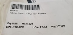 ATP PU14AC SURETHANE POLYURETHANE TUBING, 1/4″ OD x .156″ ID, 100′ CLEAR, NIB