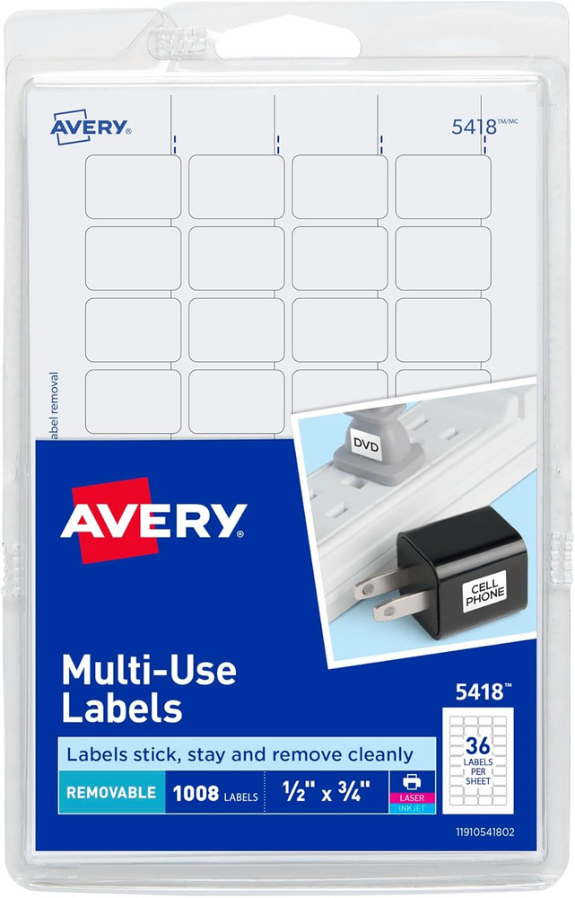 Removable Print or Write Labels, White, 0.5 X 0.75 Inches, Pack of 1008 (5418)