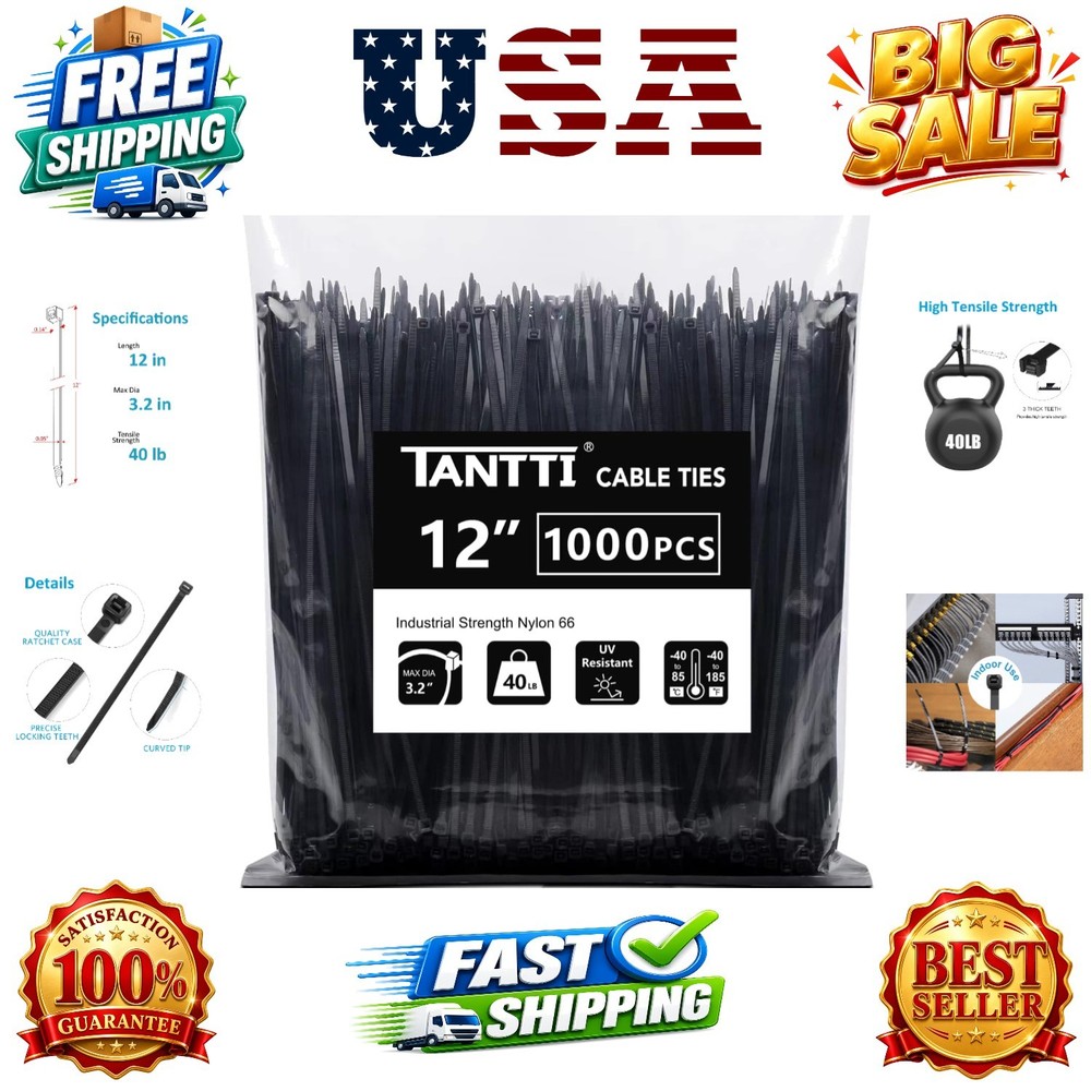 Zip Ties 12 inch, Black Zip Ties 1000 pack, 40lb, Cable Ties, Self-locking Wi…
